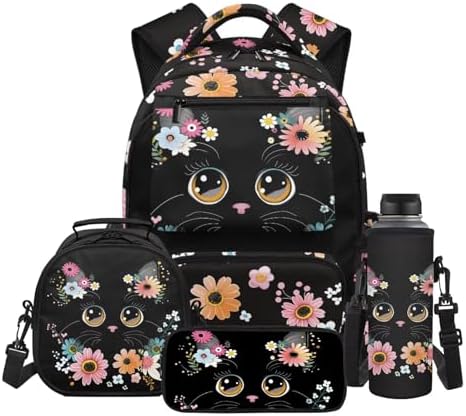 Black Cat Kids Backpack and Lunch Box Set for Girls Floral Cute S...