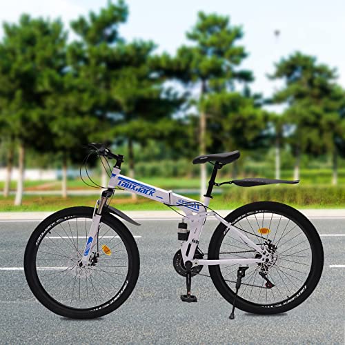 Bathrena 26\" Folding Mountain Bike, 21 Speed Full Suspension Bicycle with High-Carbon Steel, Dual Disc Brake Bicycle MTB, Blue ＆ White, for Adults/Men/Women - Thumbnail 2