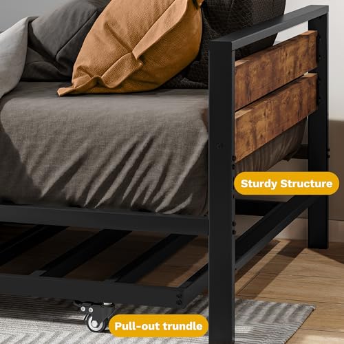 DWVO Twin Daybed with Trundle, Metal Sofa Bed Frame with Wood Headboard and Pull-Out Trundle, Adjustable Height Trundle Daybed for Guest Room, Living Room, Easy Assembly, Black