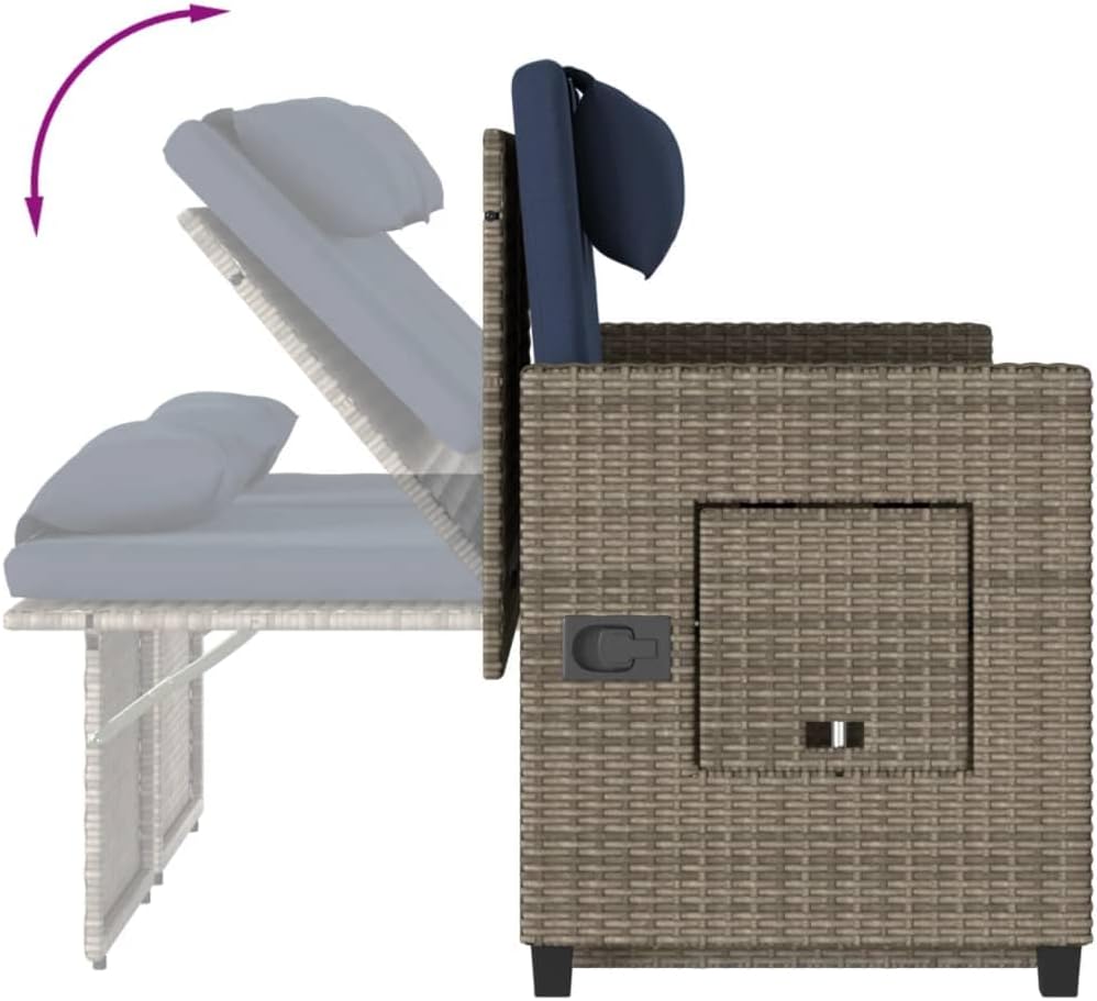 vidaXL Reclining Patio Bench with Cushions, Outdoor Loveseat Furniture, Garden Bench with Stool for Patio Balcony, Modern Style, Gray Poly Rattan