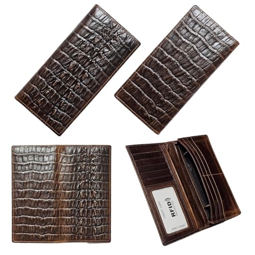 Genuine Leather Bifold Long Wallet for Men, Retro Vintage Embossed Clutch with Zipped Coin purse & Credit card Slots. RFID Blocking. Crocodile Tail- Coffee3