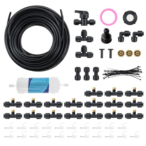 Hicello Bewässerungsset Outdoor Misting Nebler-System, 50 Fuß Nebelleitungen, 17 Messing-Nebeldüsen, 15 m Schlauch, Messingadapter, für Terrasse, Garten, Gewächshaus