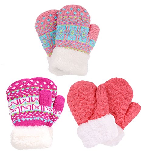 Younglove 3 Pack Toddler Sherpa Lined Winter Knit Mittens Gloves, Color 4 For 2-5 Years #TOP1