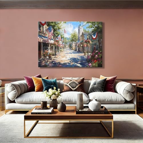 Image of Rustic Patriotic Main Street Wall Art, 4th of July American Town Canvas Prints, Vintage Flag Street Decor for Home, Living Room, Kitchen, Framed Artwork for Bar, Made in USA