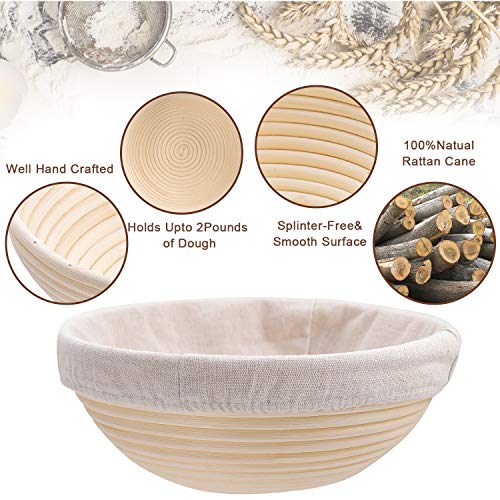 Set Of 2 9 Inch Round Bread Proofing Baskets Natural Rattan Banneton Sourdough Rising Bowl Basket With Dough Scraper + Bread Lame + Cloth Liner For Bakery Home Bakers #TOP2