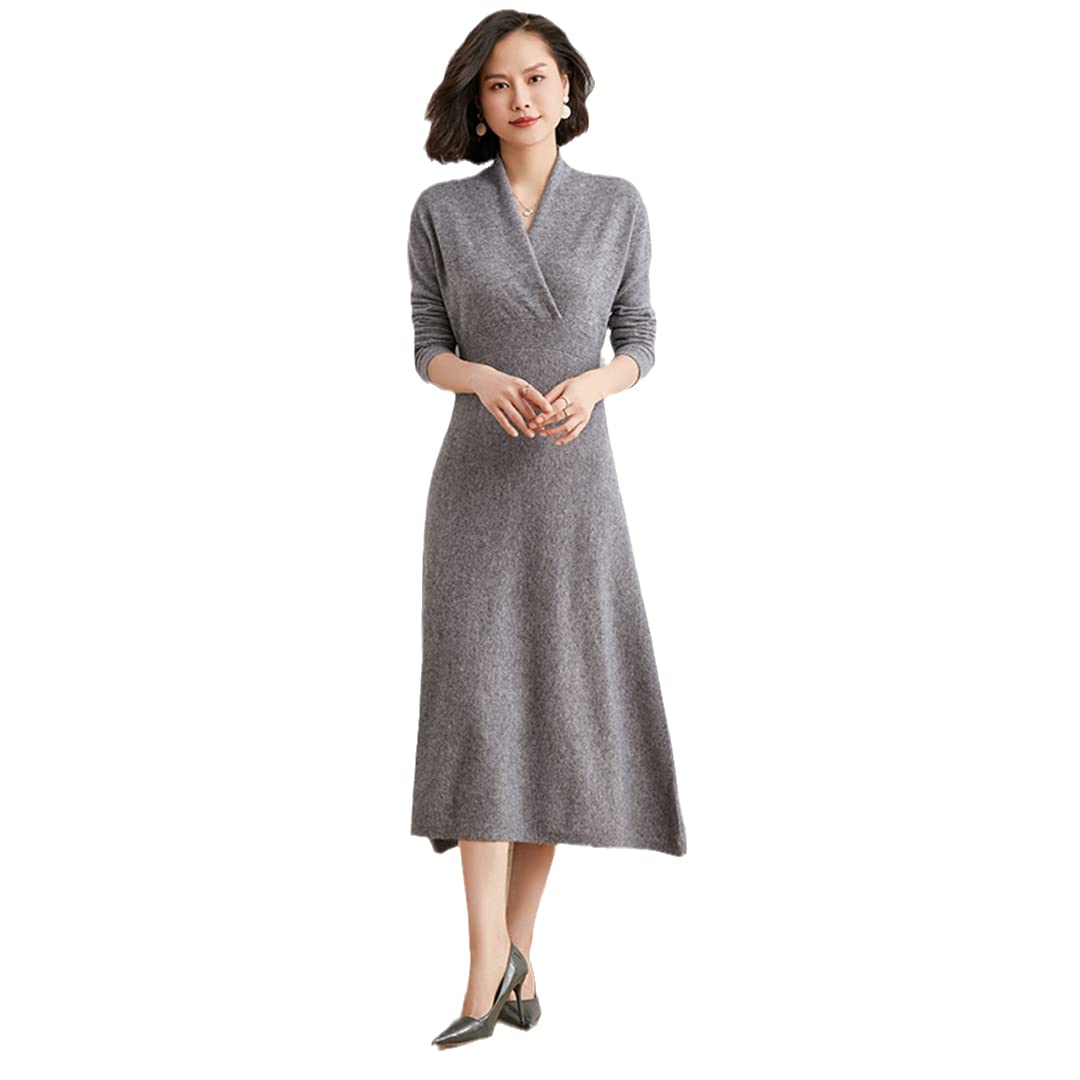 Women Sweaters 100% Solid Cashmere Pullovers Winter V-Neck Dresses Long Jumpers Knitwear Girl Clothes