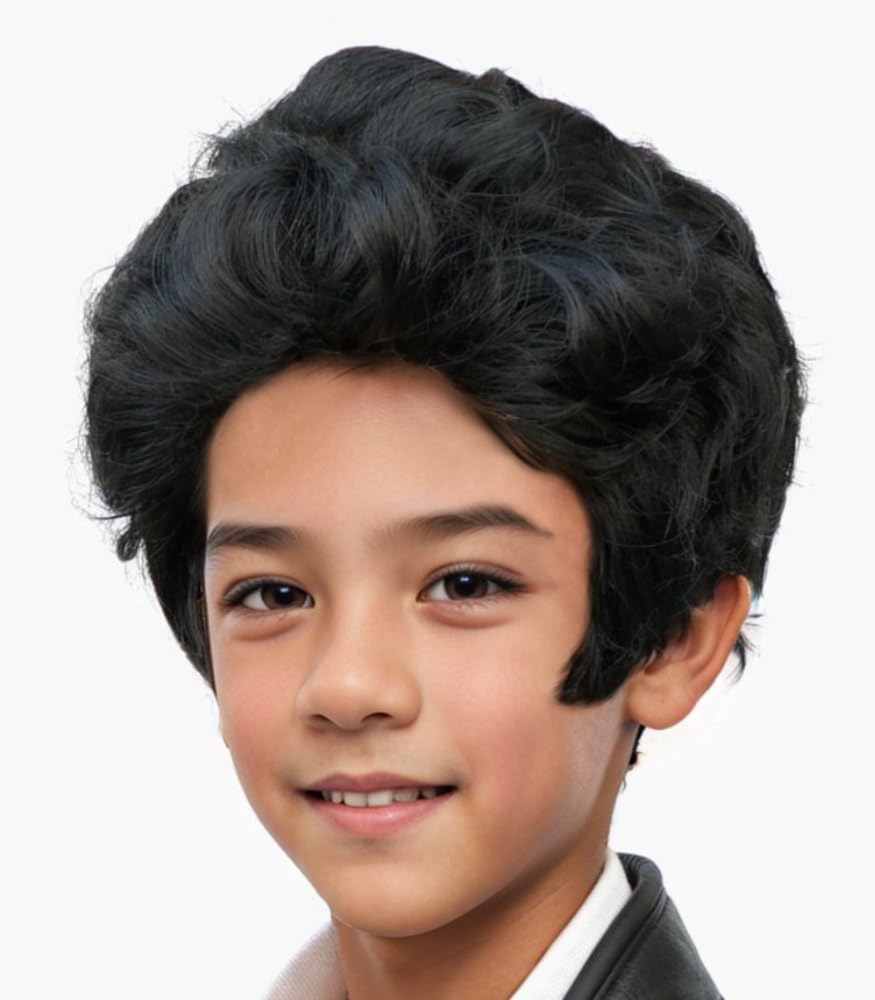 Witty Emporium Black Pompadour Wig with Sideburns Child Boys Kids Costume Hair 50s 60s Rocker Rock Roll Superstar Greaser Accessory Royal Rock Star Legend