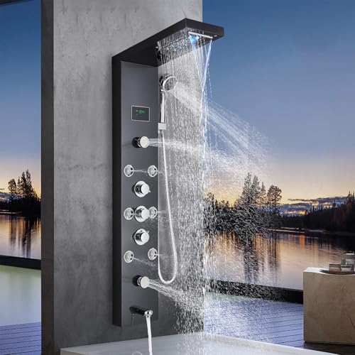 Panneau de douche en acier inoxydable avec jet de massage et douchette à main - Noir - Système de...