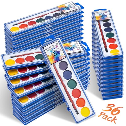36 Pack Watercolor Paint Set Washable Watercolor Paint Bulk for Kids Water Color Paint with Paint Brushes Ideal Gifts for Party Favors School Supplies & Classroom Prizes Art Activities 8 Colors