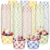Uiifan 120 Pcs 9oz Gingham Ice Cream Cups Food Grade Paper Dessert Cups Plaid Disposable Sundae Bowls for Candy Hot or Cold Food Snack Soups Birthday Picnic Wedding Party Favor, Pink Blue Green Yellow