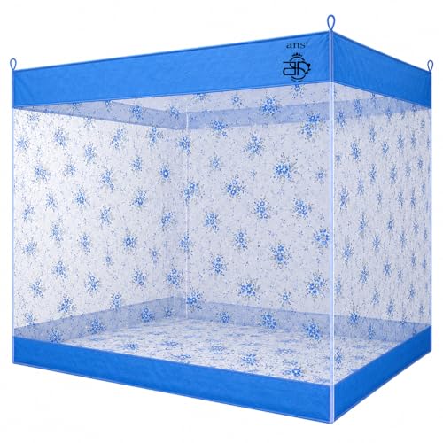Image of ANS Premium Hanging Mosquito Net for Bed | XXL 6.5 x 10 ft | Blue Floral Design | Fine Mesh Protection | Free Air Flow | Cotton Border | Ideal for Large Size Bed & Joint of Single & Double Bed