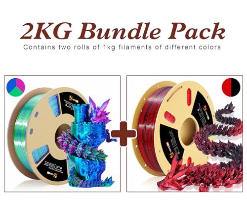 Image of LOVOON Silk PLA Filament 1.75mm, 2KG Bundle 3D Printer Filament, 3D Printing Filament Shiny Change by Angle, Tri Color Blue /Green /Red and Dual Color Black /Red, 1KG X 2 Spools