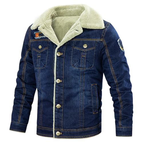 Juankrynord Chaqueta Vaquera Forrada de Lana para Hombre, diseño Retro, Chaqueta de Trabajo cálida de Lana, Botones en la Parte Delantera, Cuello, Abrigo Vaquero transicional. (Azul,L)