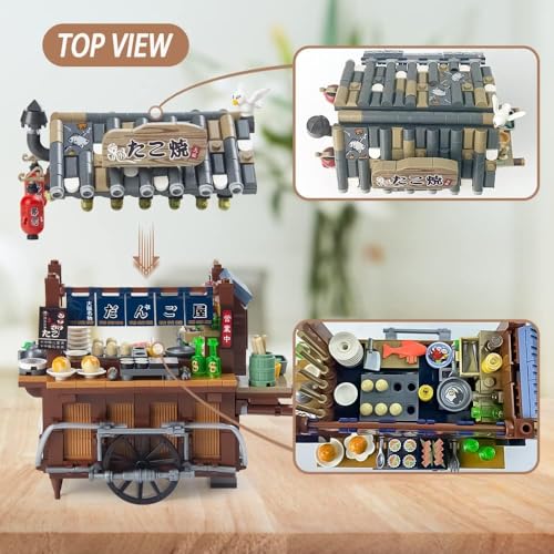Image of OundarM Japanese Street View Mini Building Blocks Kit- Takoyaki Trolley, Japanese Mini Brand Store Toy for Boys, Girls 6+ (951 Pcs) | Japanese Restaurant Takoyaki Trolley, Creative Cute Store Model Kit, Architecture Construction Toy Gifts (951 Pcs)