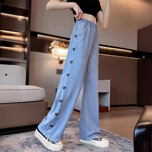 Jeans for Kids Girls Baggy Side Heart Wide Leg Denim Pants Elastic Waist Trousers Cute Trendy Streetwear with Pockets4