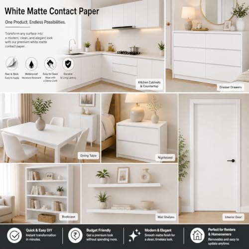 Image of WISDOM Self Adhesive Matt Wallpaper Waterproof Peel and Stick Decorative Contact Paper for Kitchen Cabinets, Wardrobe, Table, Drawer & Shelves, Easy DIY Home Decor Makeover 12X80 in