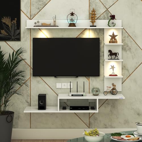 Image of Wintor Engineered Wood Wall Mounted TV Unit with 4 LED Lights, 3 Open Shelves, 1 Storage Box & Decorative Display Shelf for Living Room | Ideal for Upto 43 Inch TV- White(DIY Assembly)