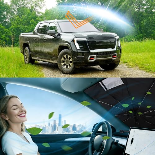 Image of Windshield Sun Shade Umbrella for 2019-2026 GMC Sierra 1500 2500 3500 | Full covered for windshield, Block UV Rays, Heat Reduction, Easy to install, Durable & Fold Up Small
