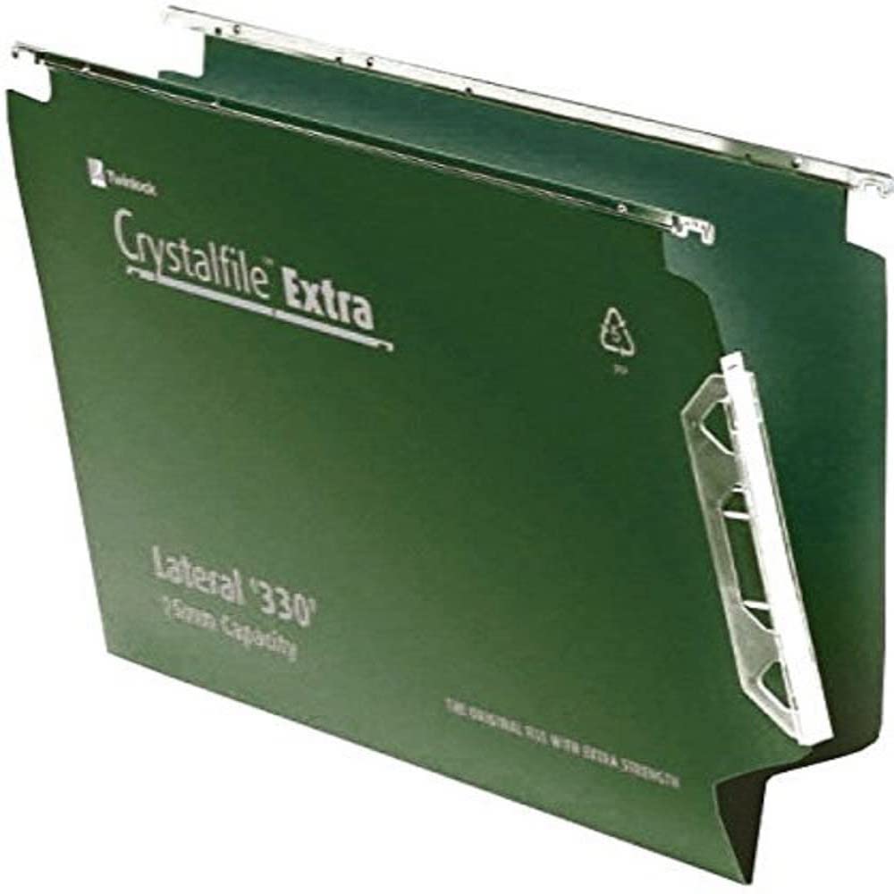 Rexel 330 3000121 - Cartelle sospese laterali con linguette e inserti, base a V da 15 mm, in polipropilene, verde, Crystalfile Extra, 25 pezzi
