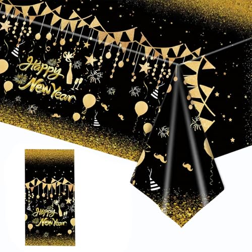 Tischdecke Silvester Deko 2026,137 * 274cm,2026 New Year Eve Schwarz Gold Tischdecken,Tisch Dekoration Plastik Tischfeuerwerk,Geeignet für Deko Silvester Party 2026 Silvester Party