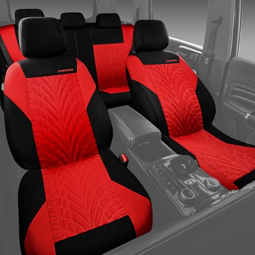 Image of CAR PASS Car Seat Covers Full Sets, Front & Split Rear Bench for Car, 3D Tyre Embossed Automotive Interior Covers, Airbag Compatible, Quick Setup Universal Fit Seat Covers for Car, SUV(Black Red)