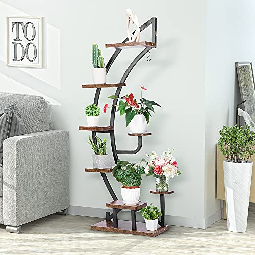 Vivohome 6 Tier 9 Potted Steel-Wood Plant Stand With Hanger, Curved Flower Pot Holder Shelf For Indoor, Rustic Brown #TOP2