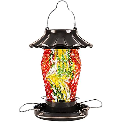 LUJII Solar Powered Bird Feeder for Outdoors with Color Changing, Diamond Shaped Hand Blown Glass, Weatherproof, Illuminated Lantern for Garden & Backyard Decor, Unique Gifts for Bird Lover (Red) Cover