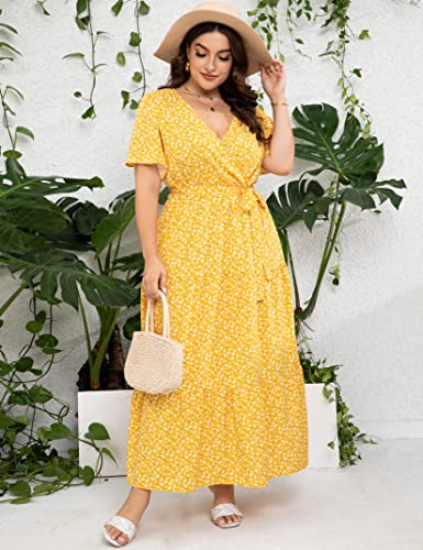 Image of ShopWonder Womens Plus Size V Neck Wrap Maxi Dress High Waist Ruffle Summer Casual Dress with Belt