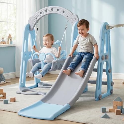 Image of Baybee 4 in 1 Baby Slides & Swing for Kids | Perfect Outdoor Swing N Sliding with Basketball Set, Antislip Steps & Safety Belt | Baby Play Area Indoor Playground Setup | Kids Slider for 2 to 6 Years