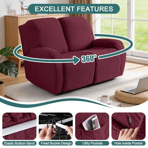 Image of Ruaozz Recliner Sofa Covers Recliner Chair Covers Loveseat Recliner Slipcovers with Pockets Washable Furniture Protector with Elastic Bottom (2 Seater, Wine)