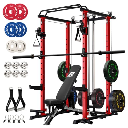 Image of RitFit Multi-Function Garage & Home Gym Package Includes 1200LBS Power Cage PPC03 /P3 with Cable Crossover System, Weight Bench, Olympic Barbell Weight Set, Full Body Workout