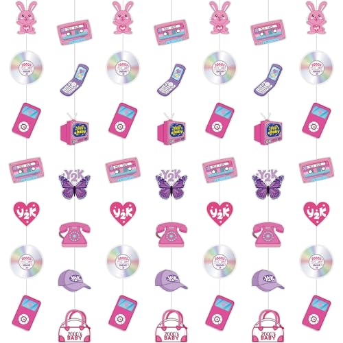 Image of Spakon 8 Packs Y2k Party Decorations Pink Paper Banner Early 2000s Hanging Decor I Love 00's Paper Cutout Retro 2000s Garland for Birthday Female Bachelorette Party Supplies Decoration