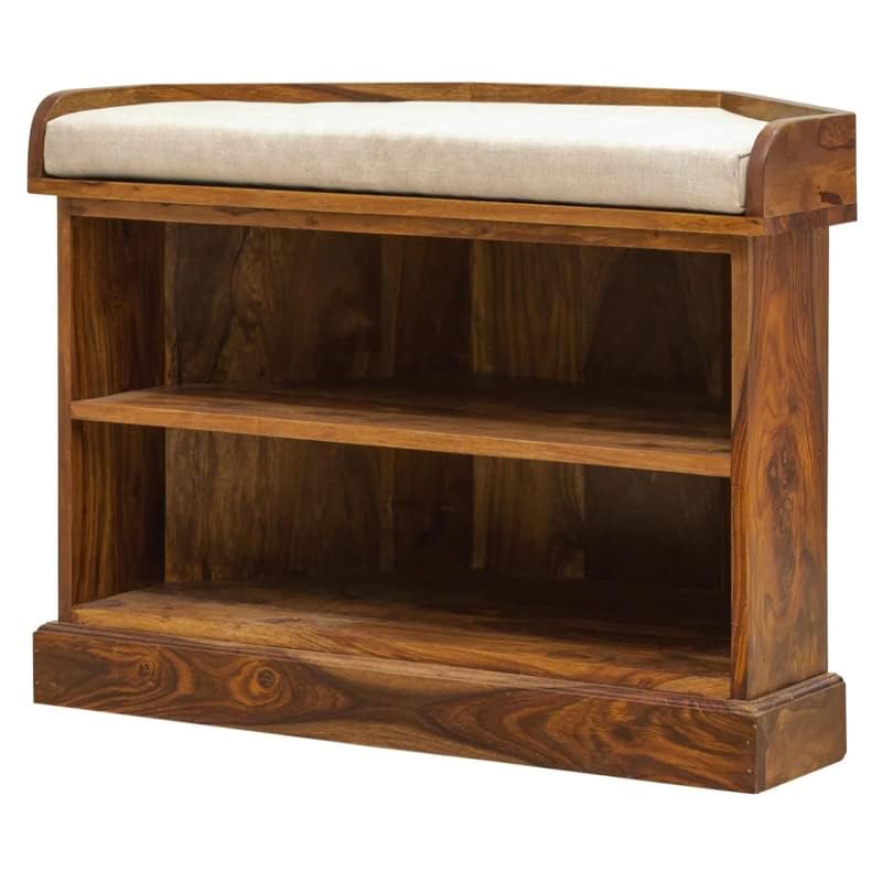 Image of Corner Display Shelf Storage | Wooden Storage Rack & Display Organizer | Solid Sheesham Wood Open Shelf for Living Room, Bedroom, Home & Office (Natural Wood, Shoe Rack)