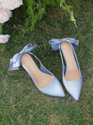 Image of Coutgo Womens Slingback High Heels with Bow Closed Pointed Toe Wedding Bride Dress Shoes Satin Pumps