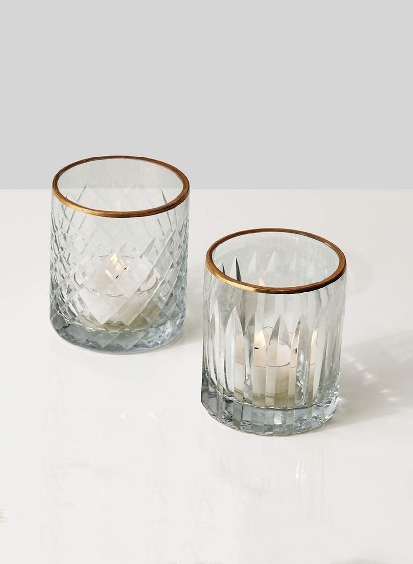 Serene Spaces Living Set of 32 Etched Squares Glass Votive Holders with Gold Rim, Ideal for Wedding Decorations, Parties, Events, Measures 3