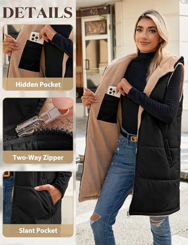 Womens Long Puffer Vest Fall Sleeveless Fleece Vest Reversible Vests Zip Up Winter Coat Fleece Jacket Long Hoodie2