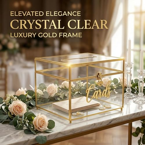 Image of Wedding Card Box with Heart Lock, Large Metal Glass Card Box with Gold Frame for Party Reception, Wedding, Baby Showers, Birthdays, Bridal, or Graduation, 12x9.5x8.5 Inches