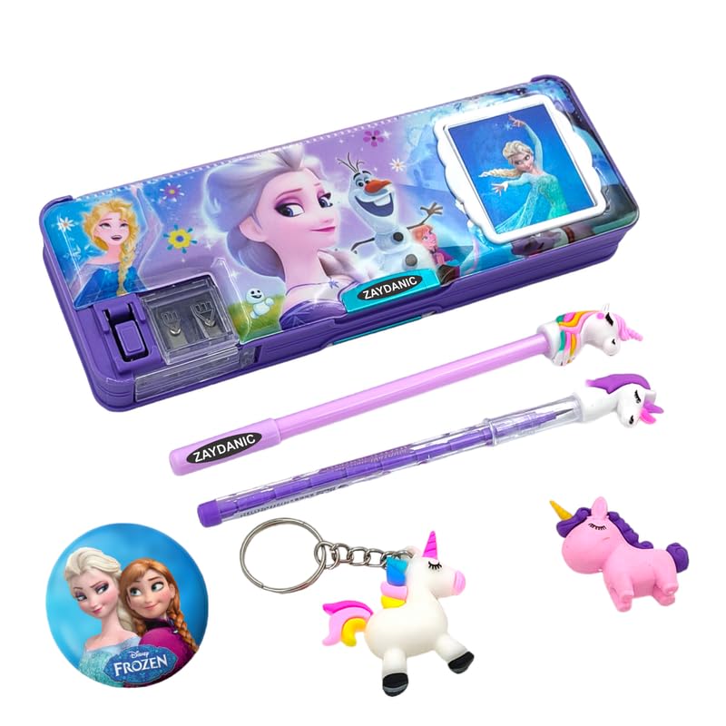 Image of Frozen Pencil Box Integrated Sharpener and Calculator, Magnetic Lock, Dual Compartments, Cartoon Stationery Case School Kit for Girls, Kids, Students Combo Set of 5in1