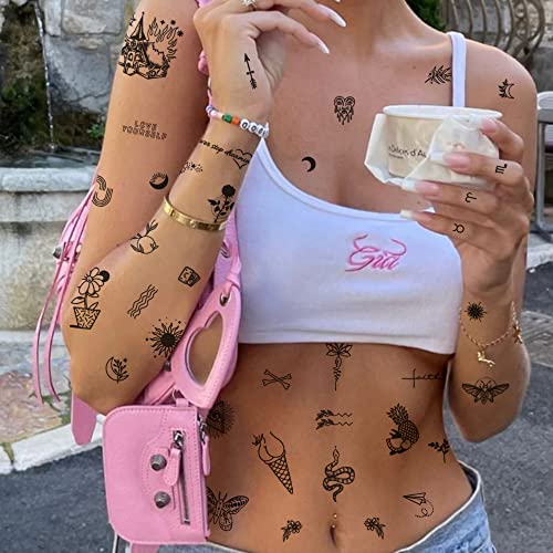 Small Temporary Tattoo, Realistic Tiny Tattoos - 279 Pcs Mix & Match Set - Tattoos Adults Women Men, Face Body Hand Finger, Moon Stars Inspirational Words Flowers Skull Snake, Unique Mystic Collection #TOP2
