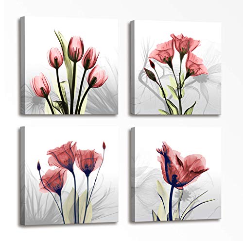 Wall Art for Living Room Decor Floral Composition - 4 Panels Red Elegant Tulip Flowers Painting Canvas Prints Modern Large Canvas Artwork Framed Wall Art for Bedroom Home Decor 16x16 inch 4pcs/set
