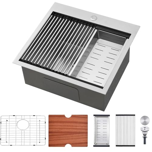 SHACO 21 Inch Drop In Kitchen Sink, 21 x 20 Inch Top Mount 16 Gauge Stainless Steel Single Bowl Workstation RV Small Kitchen Outdoor Laundry Wet Prep Sink with Accessories by SHACO - Used condition - US$132.93