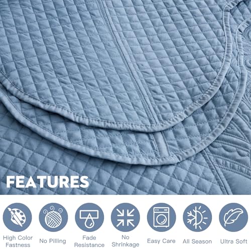 Image of Oversized King Bedspread, Stitched Paisley Quilt Set King /Cal King, Lightweight Reversible Coverlet, Scalloped Edge - Soft Modern Classic Look, 5 Piece, Smokey Blue