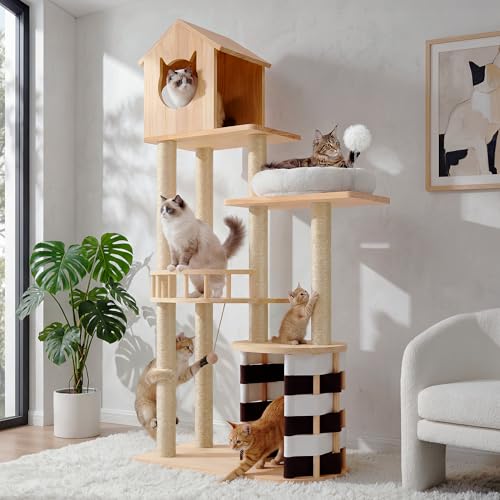 DWVO 63 Inch Pine Wood Cat Tree Multi-Level Cat Tower with Observation Perches Cat House Sisal Scratching Posts & 2 Interactive Sisal Balls