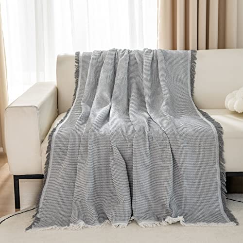 LHGOGO Waffel Sofa Überwurfdecke 180x300cm Große 3 Sitzer Sofaüberwurf Vielseitige Wohndecke als Sofadecke, Couch Überwürf, Sofa Überzug und Tagesdecke mit Deko Quasten - Hellgrau
