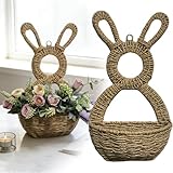 Easter Bunny Woven Wicker Basket Wall Hanging, 16 Inch Rabbit Floral Wreath Pocket Storage Organizer for Door, Spring Decor for Flowers, Eggs, Gifts