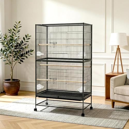 61 Bird Cage with Rolling Stand Spacious Birdcage with Storage Shelf Including Tray 3 Perches and 4 Food Cups Aviary for Parakeets Macaws and Cockatoos