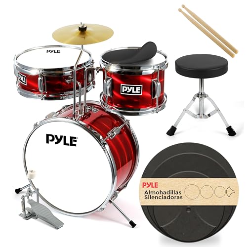 Pyle bateria infantil 5 años en adelante, Principiantes, Bombo de 13”, Snare, Tom, Platillo, Banqueta, Sordinas, Baquetas