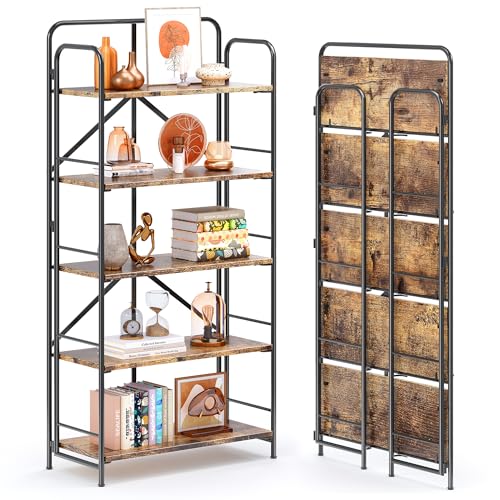 Image of 4NM No Assembly Folding Bookshelf, 5 Tiers Collapsible Book Shelves Open Industrial Foldable Storage Bookcase Shelf for Bedroom, Living Room, Home Office - Rustic Brown and Black
