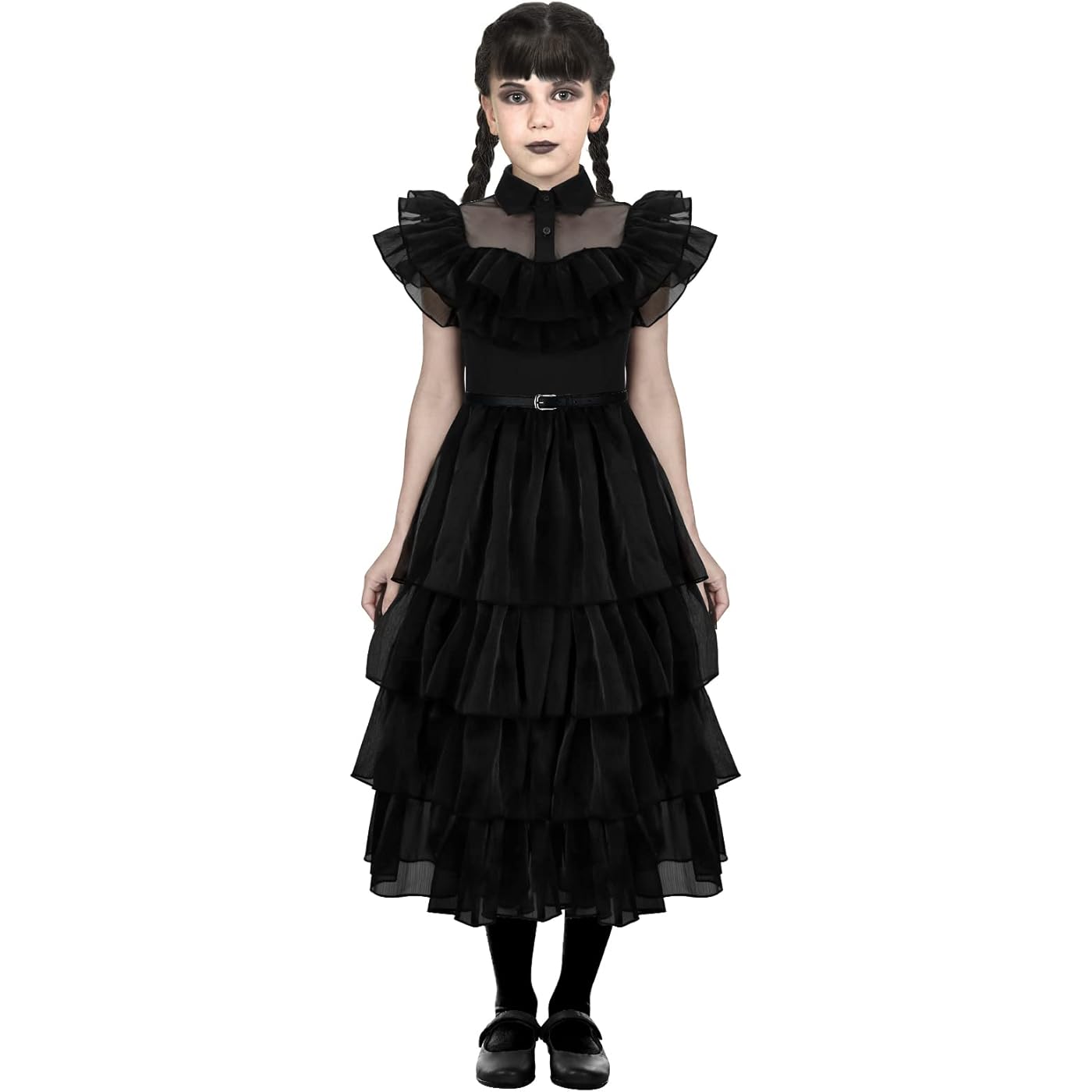 Kids Wednesday Addams Black Dance Dress with Belt Halloween Cosplay Costume