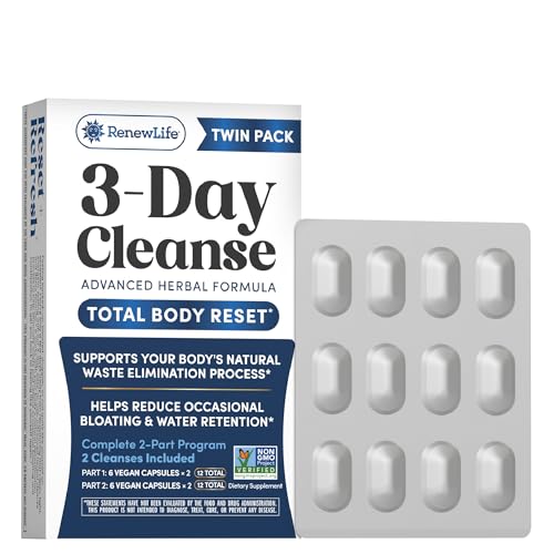Renew Life 3 Day Cleanse Twin Pack | Advanced Herbal Formula | Helps Reduce Occasional Bloating and Water Retention | 2 Pack (12 Capsules Each 24 Total) | Dairy Soy and Gluten Free